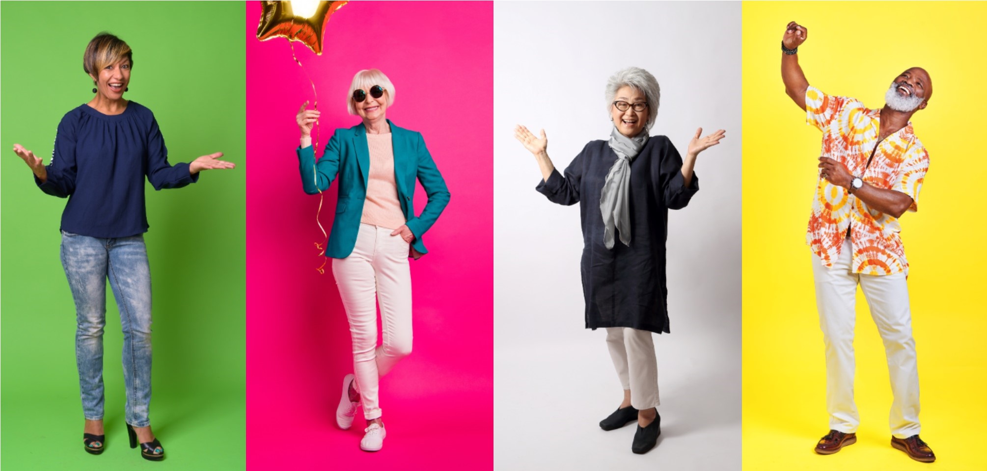 a series of 4 photos, each one features an older person on a brightly colored background