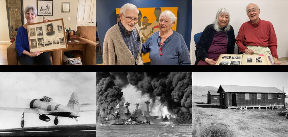 GHBC residents who remember Pearl Harbor pose, some showing family photos. Below, photos from the actual attack - a Japanese plane, a burning ship, and the barracks of an internment camp.