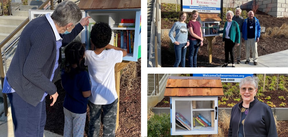 GHA residents and church staff open the Little Free Library